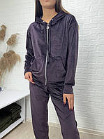 Жіночий велюровий костюм на змійці з капюшоном, колір баклажан