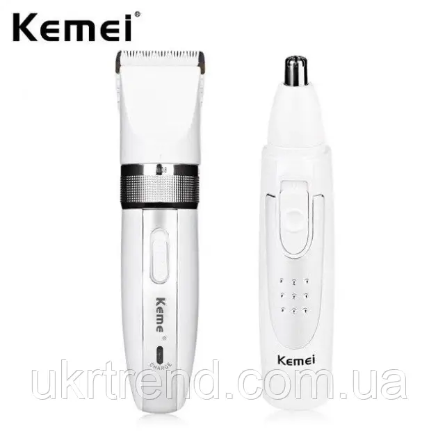 Машинка для стриження Kemei KM-2172 бездротова 2 в 1 з тримером для носа та вух + 4 насадки 3 Вт Біла