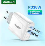 Адаптер живлення для телефону Ugreen CD170 White USB+USB Type-C Wall Charger 36W 3A, фото 4