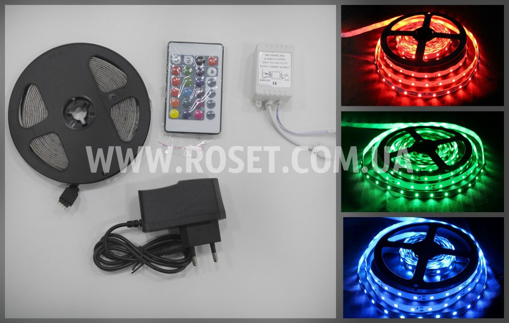 Світлодіодна стрічка PVC 3528 60 LED RGB 5 метрів Повний комплект (блок управління, пульт ДУ, адаптер 220V)