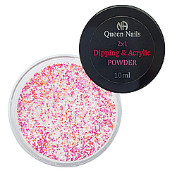 Дип пудра 2в1 Dipping&Acrylic Queen Nails NoHm16, 10 мл (прозорий з рожевим глітером)