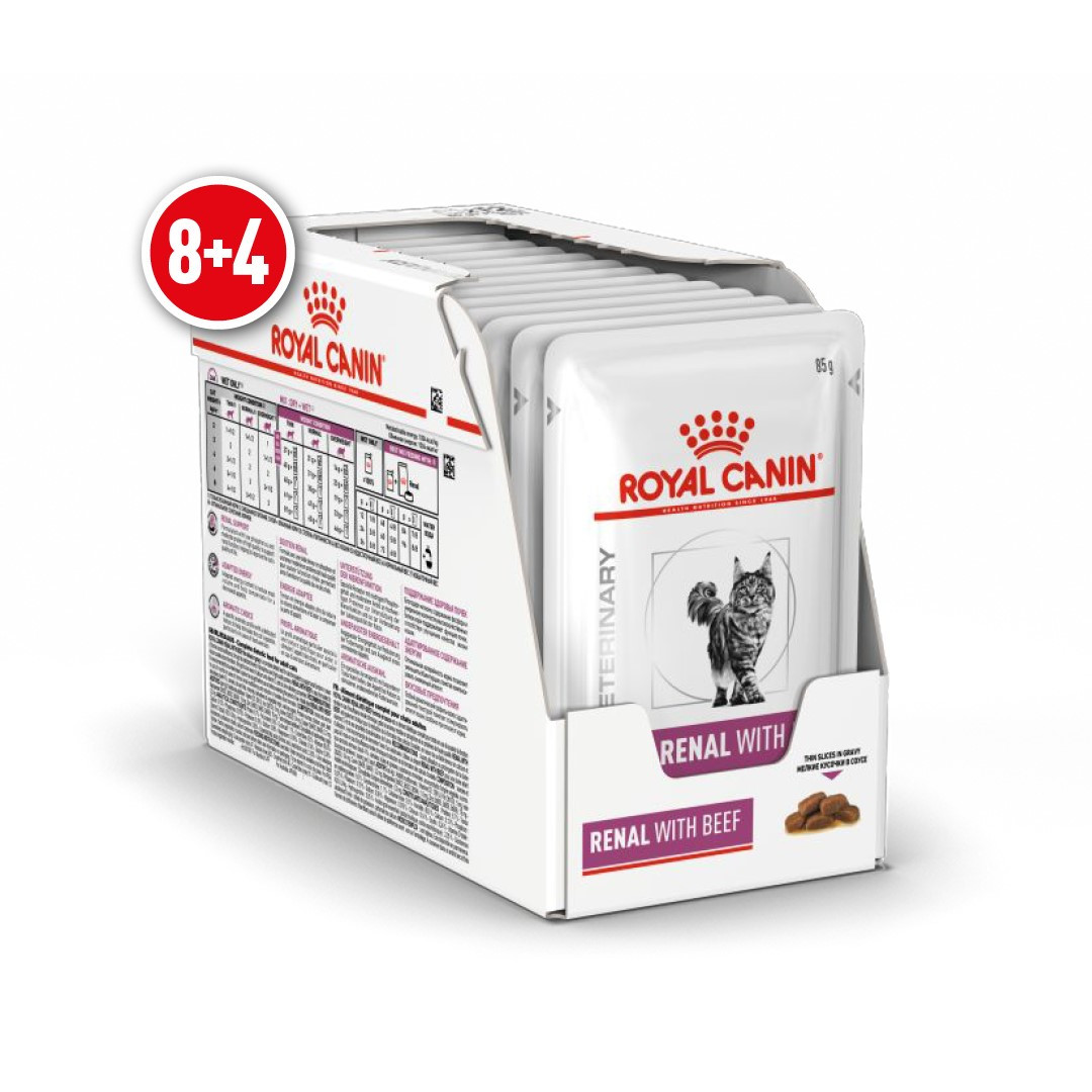 Акція! Royal Canin Renal вологий корм для кішок при ниркових захворюваннях, яловичина 85 гр 8 шт+4 шт у подарунок