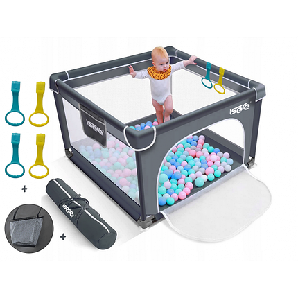 Дитячий манеж ISERE PREMIUM 90x90см сірий з 4 ручками + сумка, фото 1