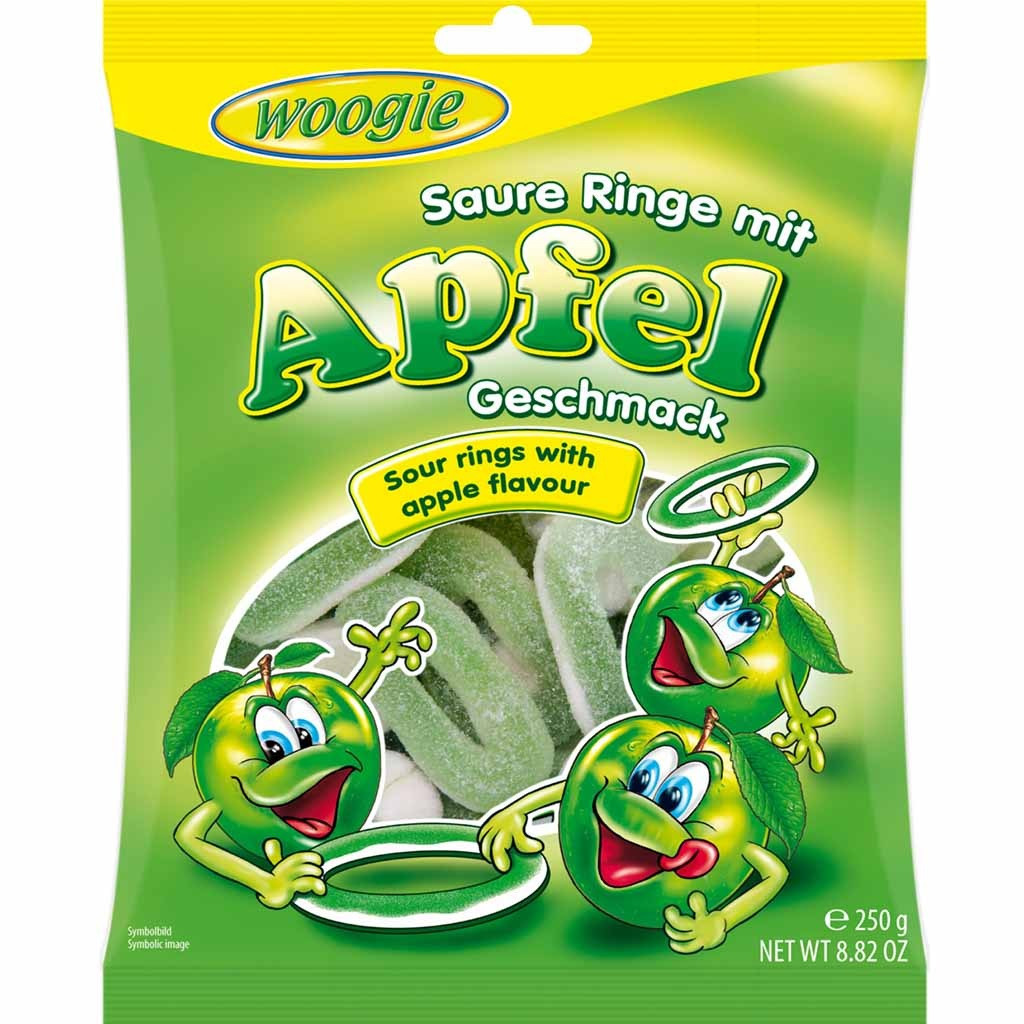 Цукерки Желейні в Кислой Посипці Woogie Saure Ringe Apfel Кільця Яблучні 250 г Австрія, фото 1