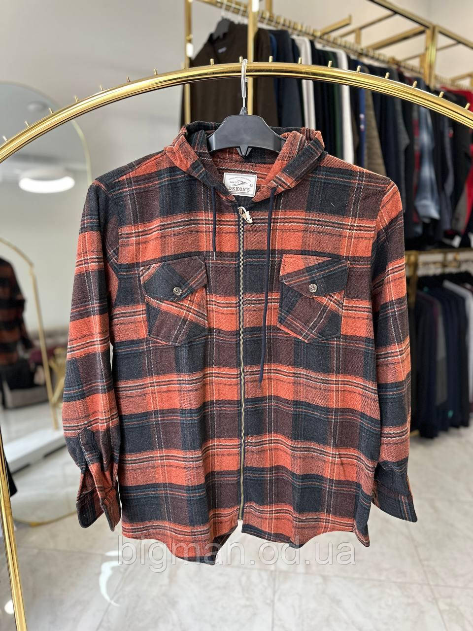 Байкова сорочка з капюшоном на змійці у клітинку Dekons 8180 (батал) 62-70р коричнева