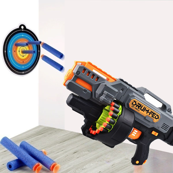 Іграшковий автомат для дитячих ігор у наборі великий барабан акумулятор 40 м'яких патронів з присосками та без, фото 1