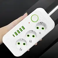 Мережевий фільтр-подовжувач із запобіжником 3 розетками 4 USB, 1 Type-C трійник, перенесення 5000 Вт QL-1074U