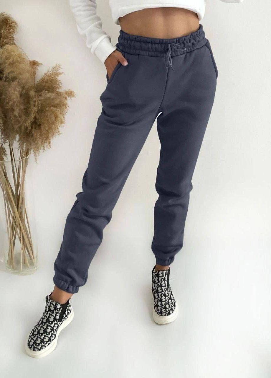 Жіночі зимові спортивні штани темно-сірі на флісі на гумці, фото 1