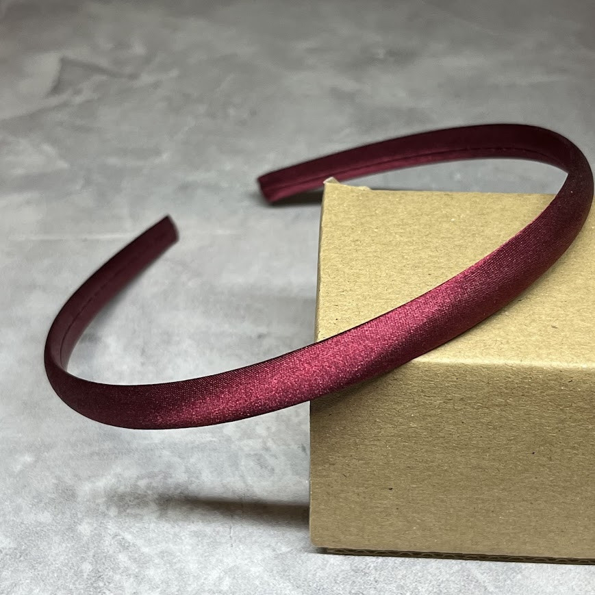 Обруч для волосся (заготовка), пластик, з атласною стрічкою, ширина 0,9 см, бордовий, Бордовий, фото 1