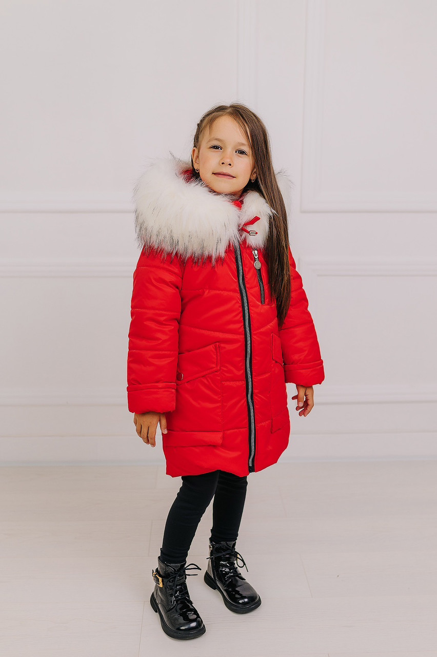 Зимова дитяча курточка для дівчинки в червоному кольорі з великими кишенями, розміри 110-128