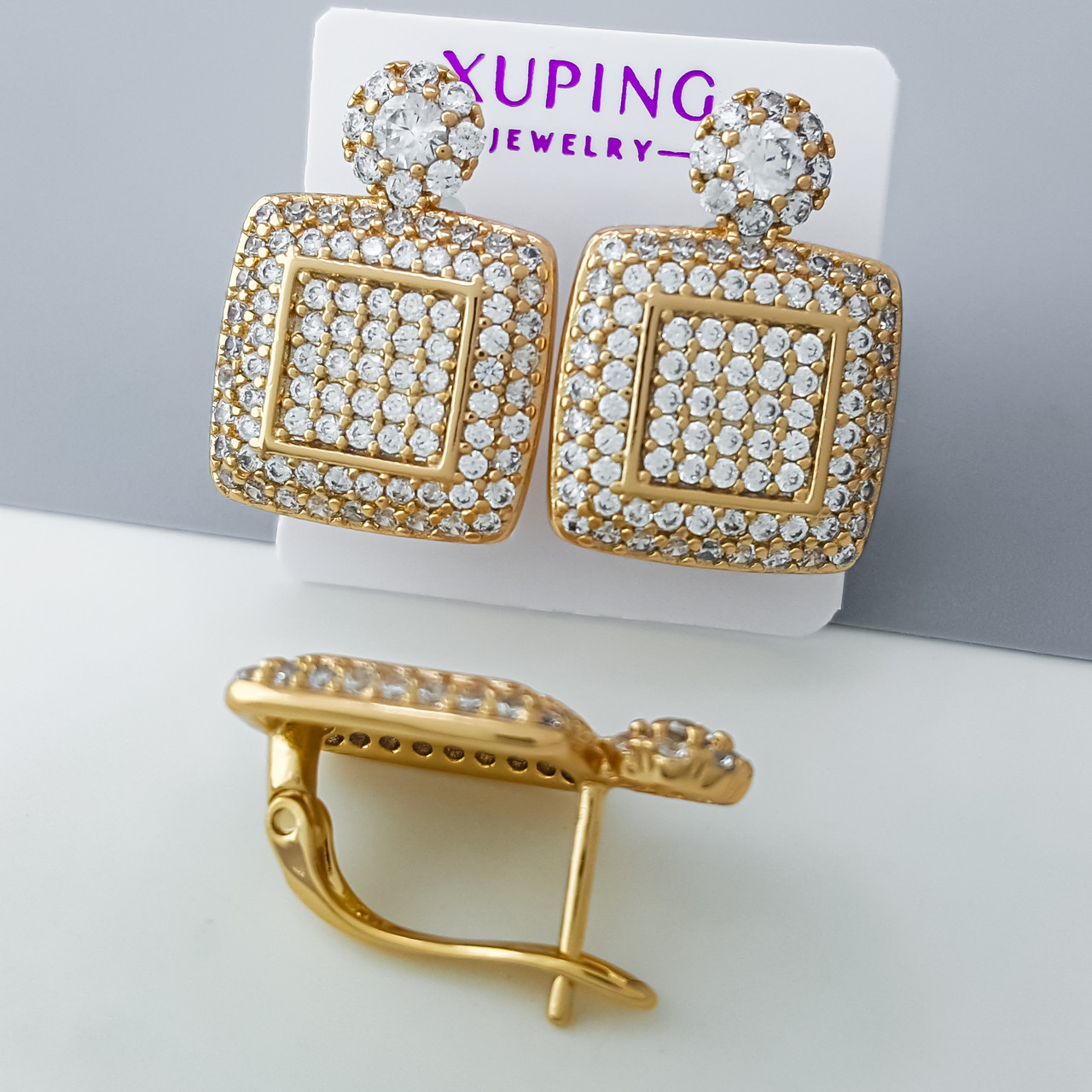Сережки "Квдрат" з розсипом каміння, англ.замок, медзолото Xuping позолота 18К