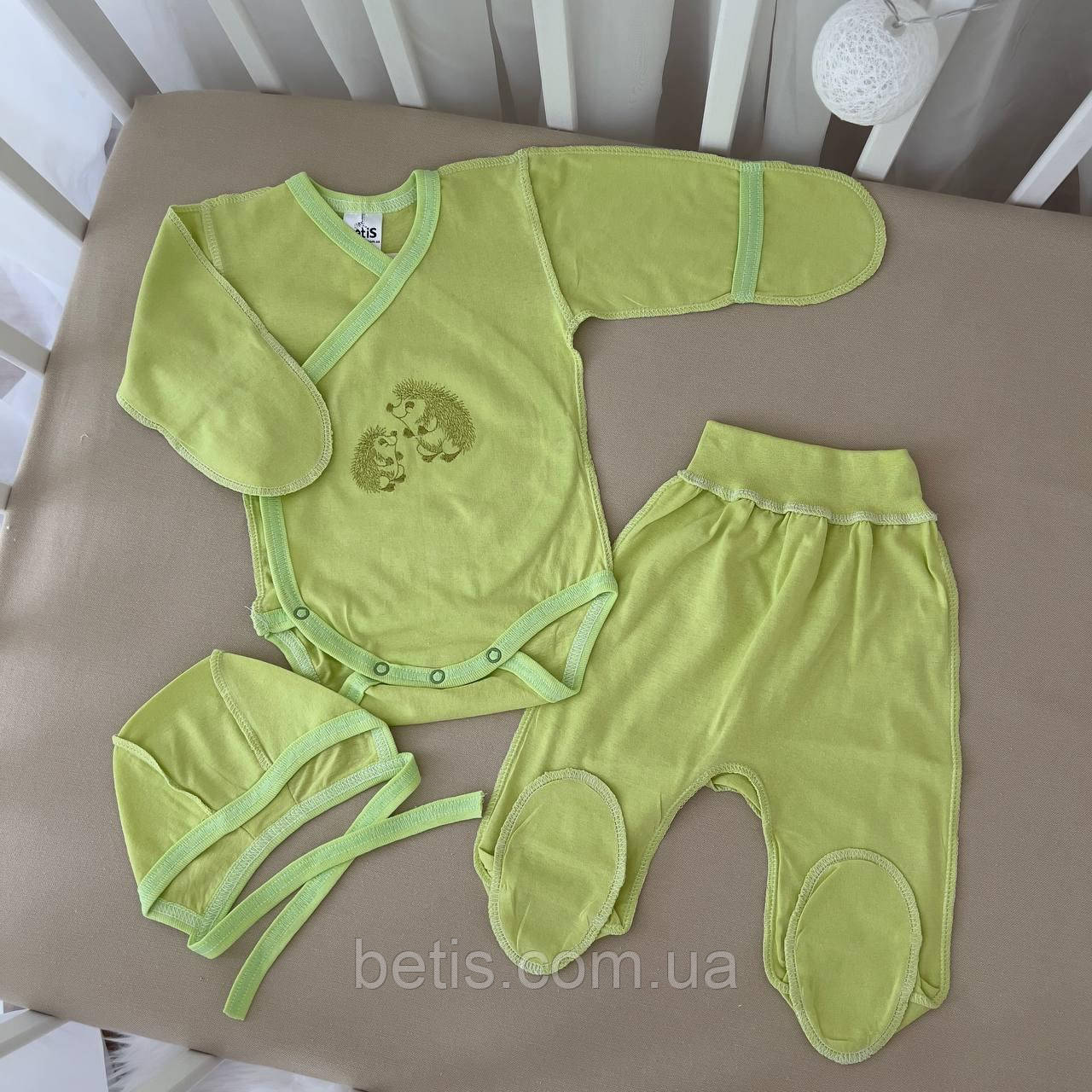 К-м "Веселі їжачки" з вишивкою.Боді на запах закриті ручки,повзуни,чепчик Зелений Кулір арт.27075331  Зріст