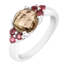 Каблучка срібна 925 натуральний смокі кварц, родоліт гранат. Р-17