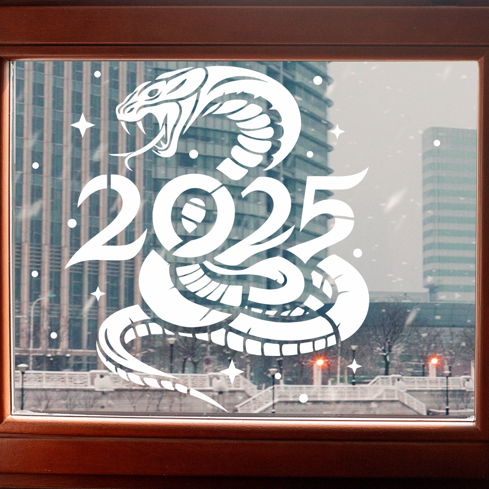 Новорічні наклейки вінілові Символ 2025 Змія цифри сніжки Happy Pocket Білий глянсовий Набір S