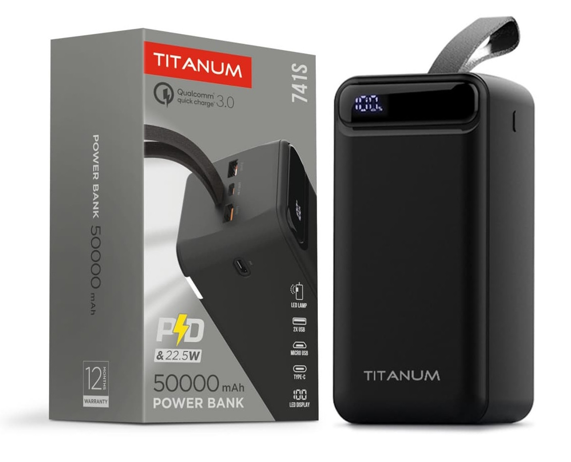 Павербанк з лампою TITANUM 50000mAh 741S 22.5W Black зовнішній акумулятор