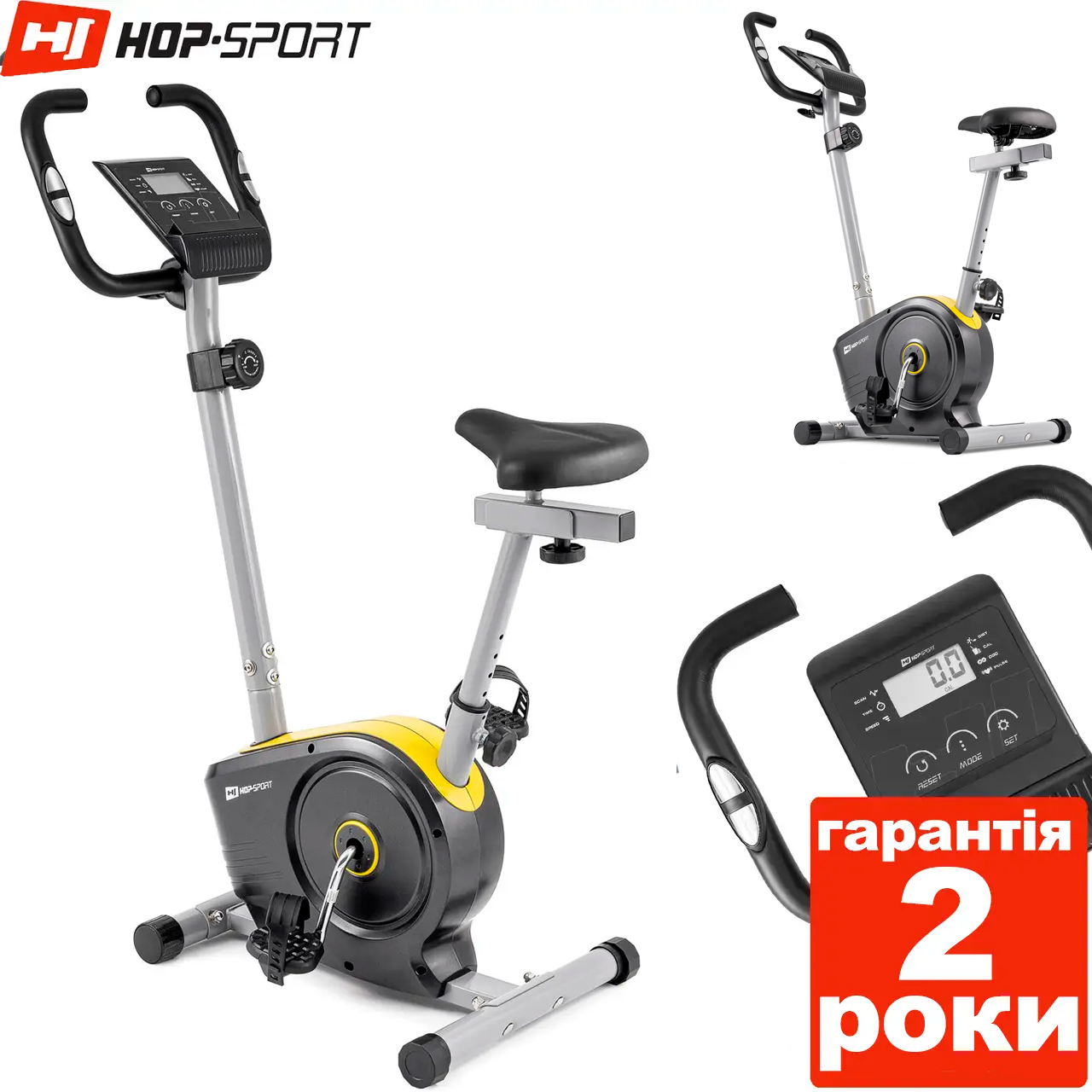 Велотренажер магнітний Hop-Sport HS-2050H Sonic чорно / жовтий. До 120 кг. Маховик 7 кг.. З монітором, фото 1