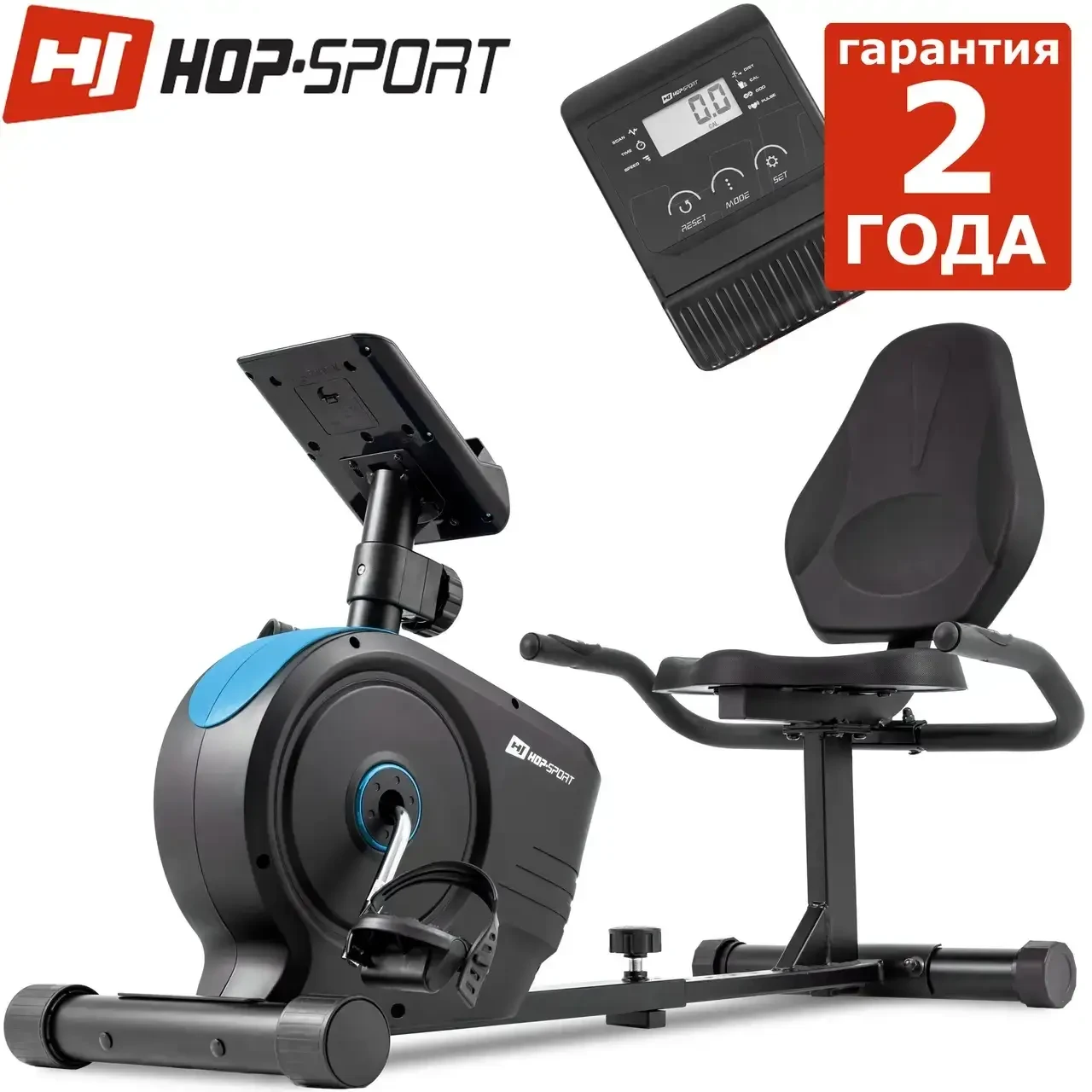 Горизонтальний велотренажер Hop-Sport HS-2050L Beat чорно / синій. До 120 кг. Маховик 8 кг.. З монітором