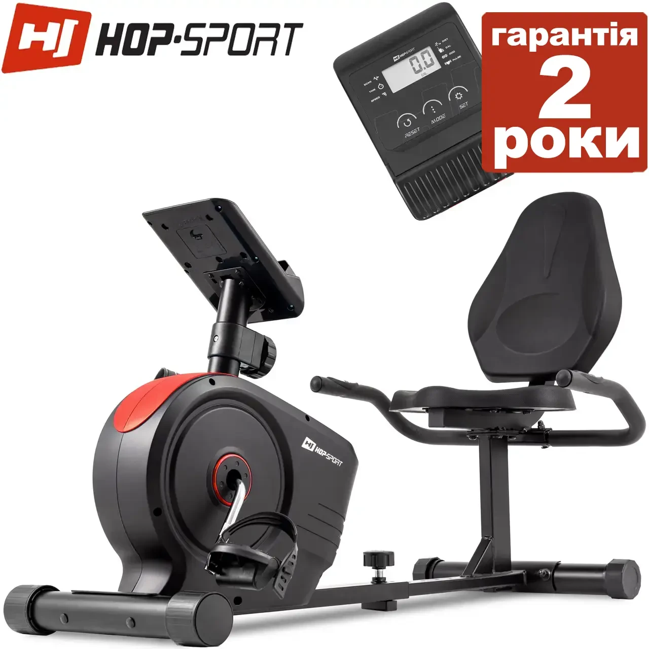 Горизонтальний велотренажер Hop-Sport HS-2050L Beat чорно / червоний. До 120 кг. Маховик 8 кг.. З монітором