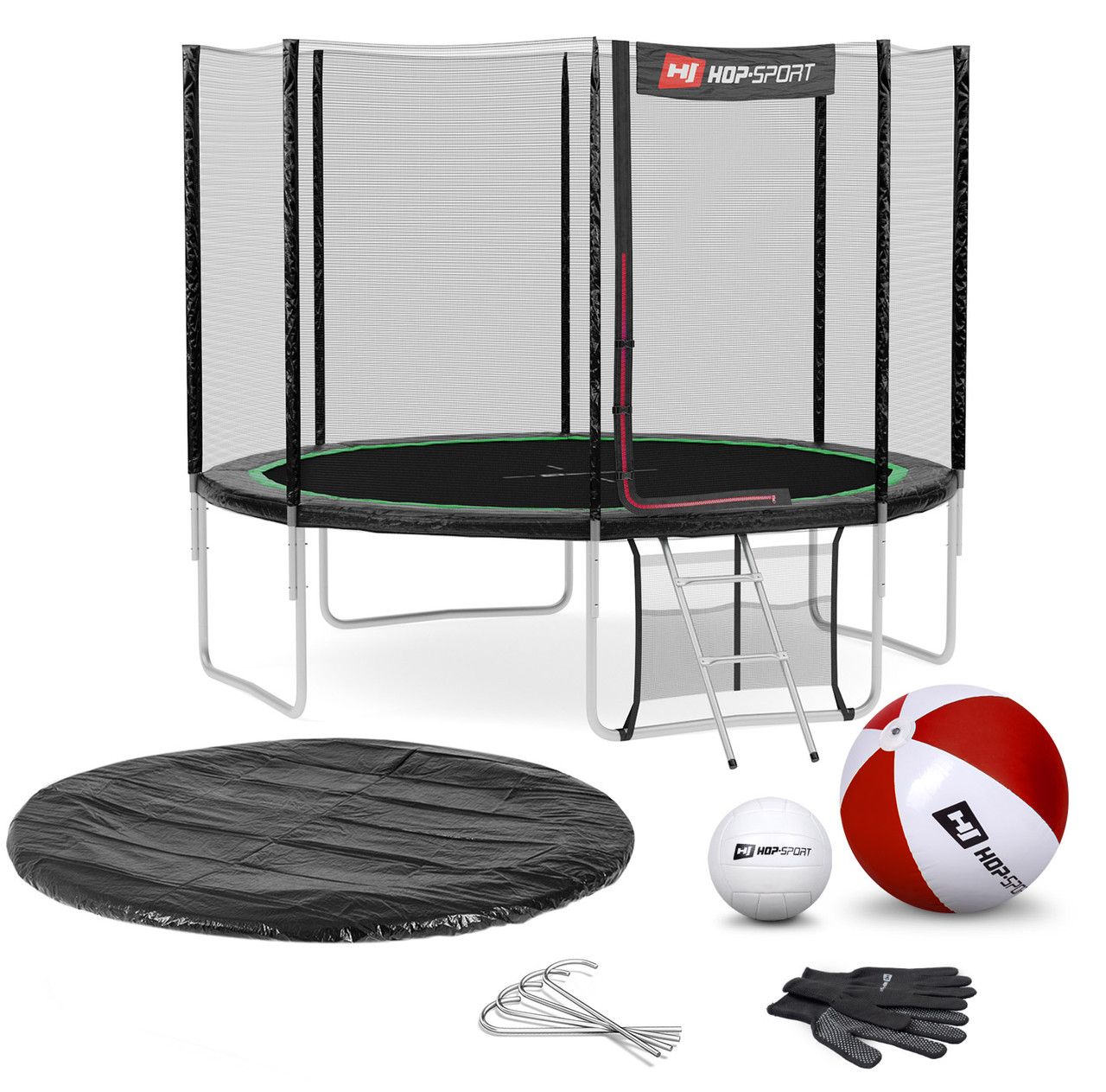 Батут Hop-Sport 10ft (305 см) чорно-зелений із зовнішньою сіткою (4 ноги). Для дома з сіткою