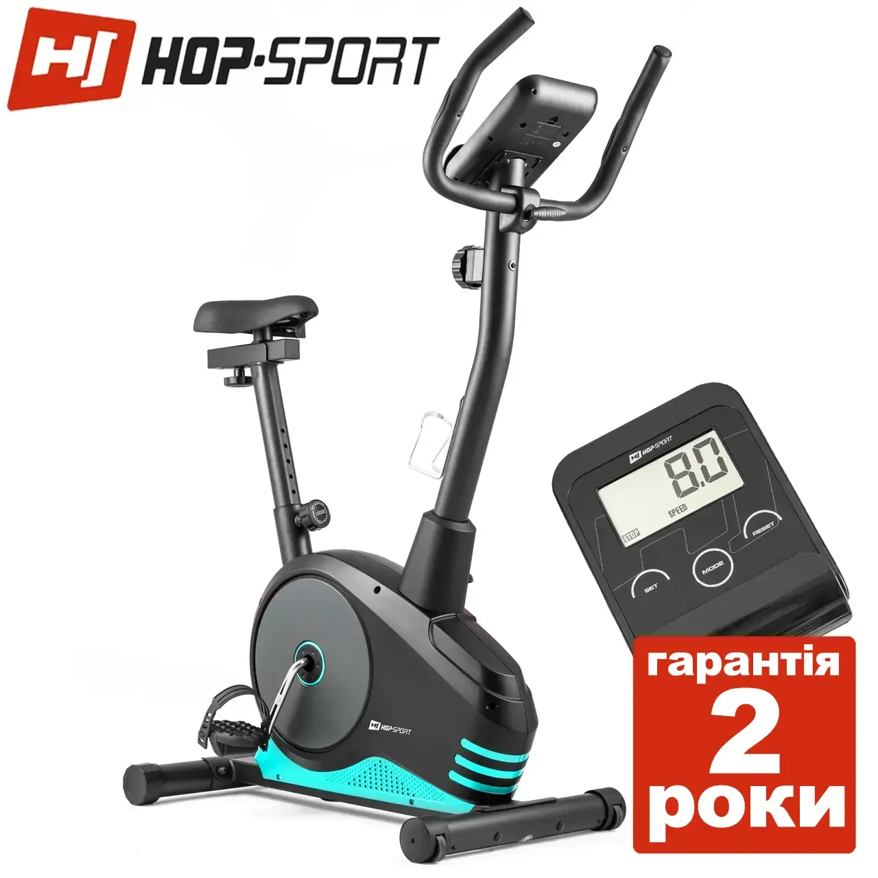 Велотренажер Hop-Sport HS-2080 Spark чорно-бірюзовий Магнітний. Германії. До 120 кг.. З монітором