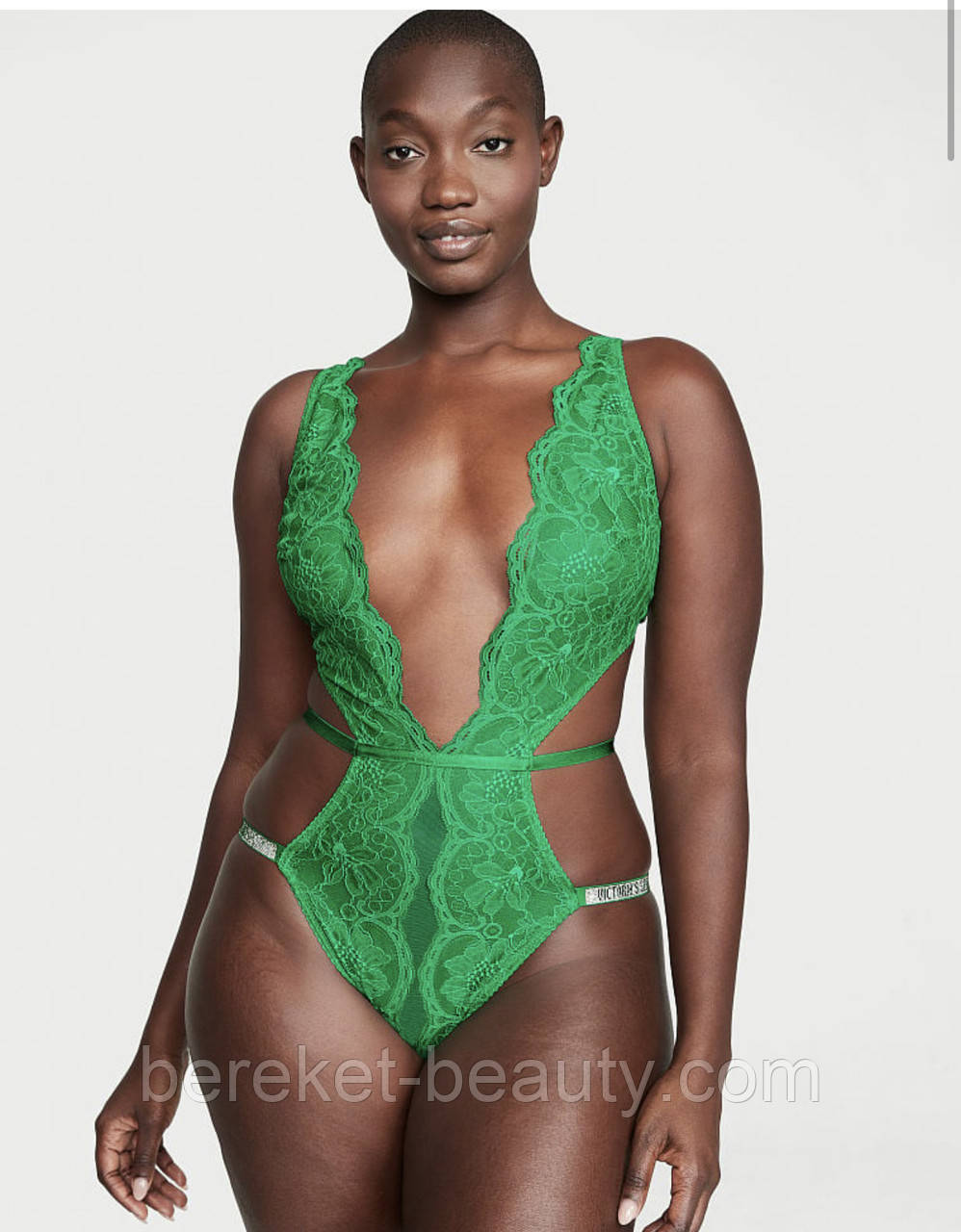 Боді Victoria's Secret Shine Strap Lace Crotchless Teddy (Green), M