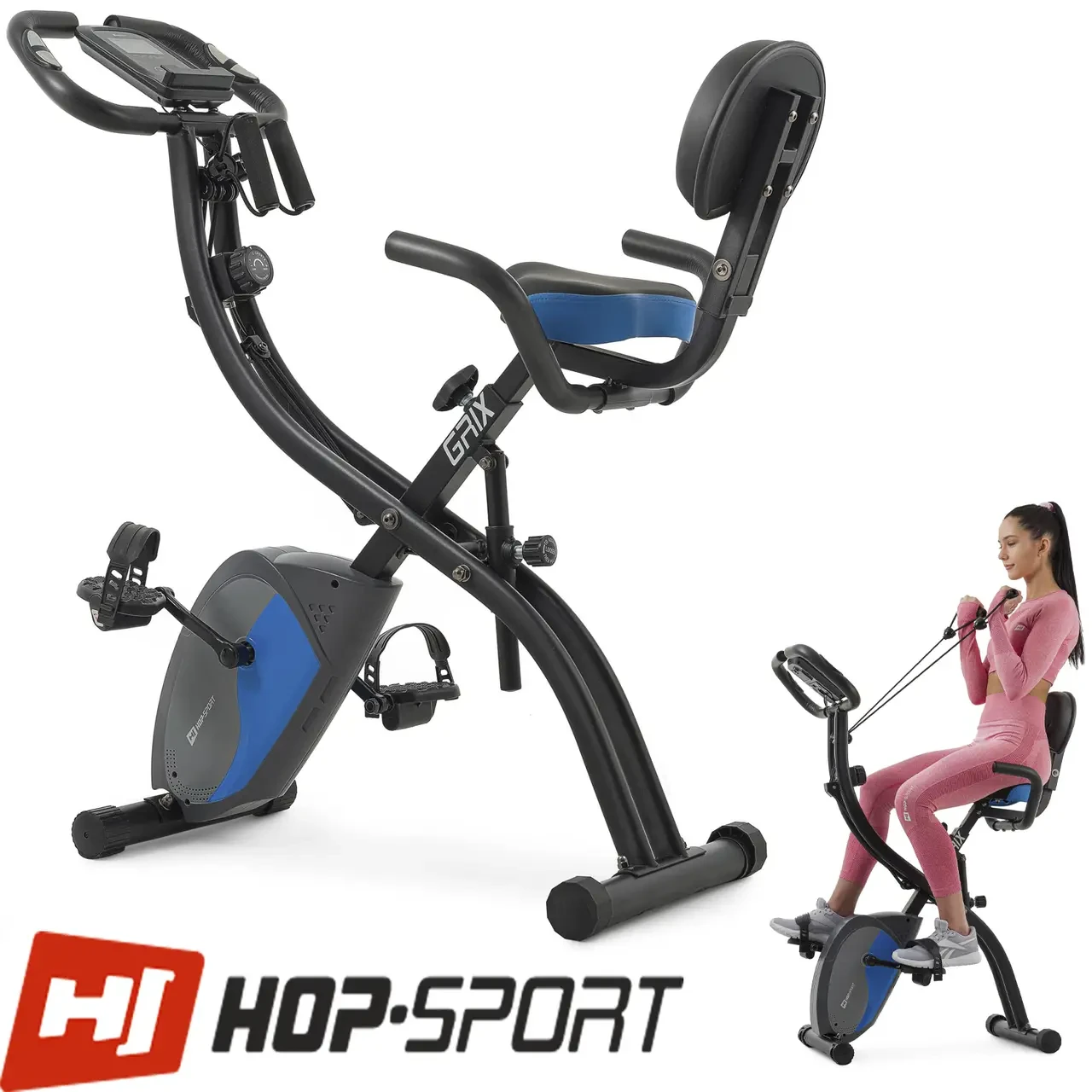 Велотренажер магнітний Hop-Sport HS-3010X Grix X-Bike з еспандерами чорно-синій. До 110 кг.. З монітором