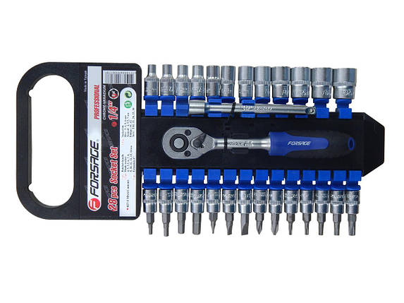 Набір головок і біт з тріскачкою 28пр. 1/4'' (4-14мм; Torx:T10-T30; Hex:3-6мм; Slotted:SL4.5-SL7; Philips: PH1-PH2) F-027-5 MSA, фото 1