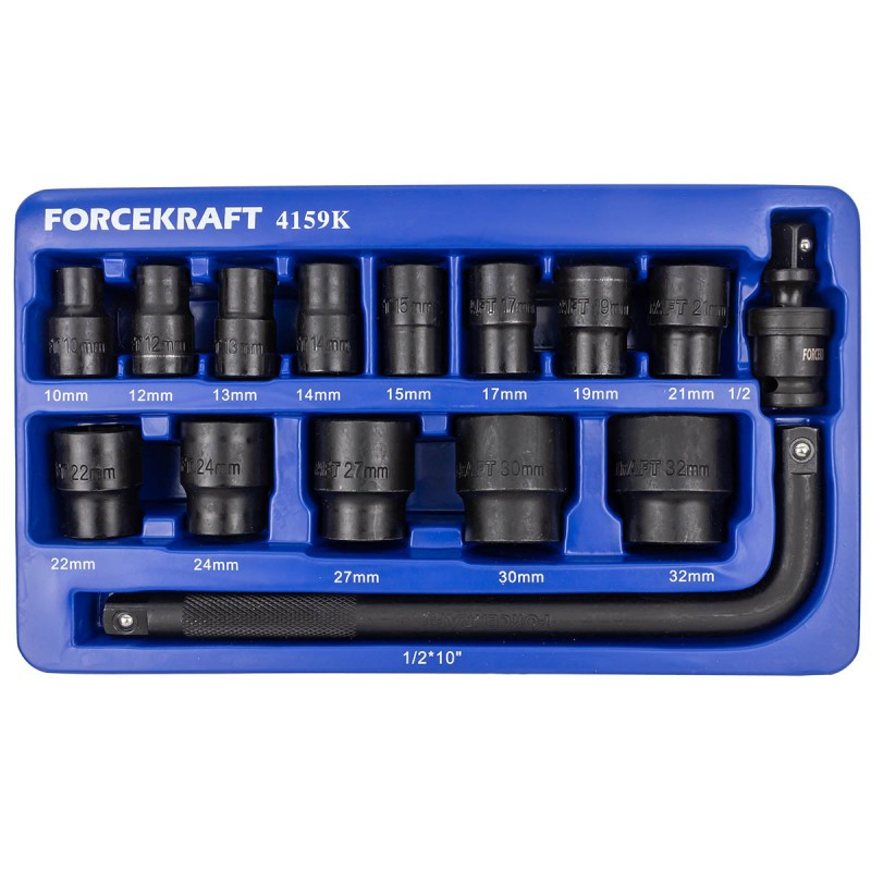 Набір головок ударних 15 предметів1/2" (6-г.) (10,12-19,21,22,24,27,30,32мм) FORCEKRAFT FK-4159K FK-4159K