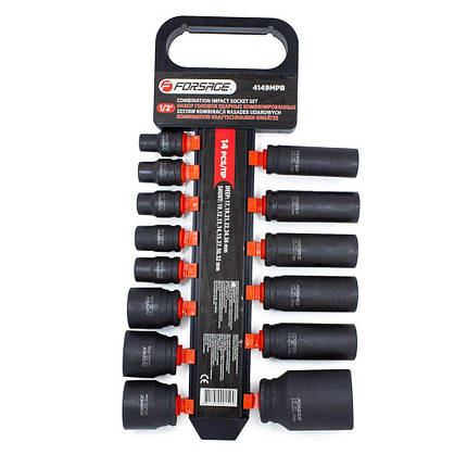 Набір головок ударних комбінований 14пр.,1/2" (короткі: 10,12-15,27,30,32 мм; глибокі: 17,19,21,22,2 F-4149MPB, фото 1