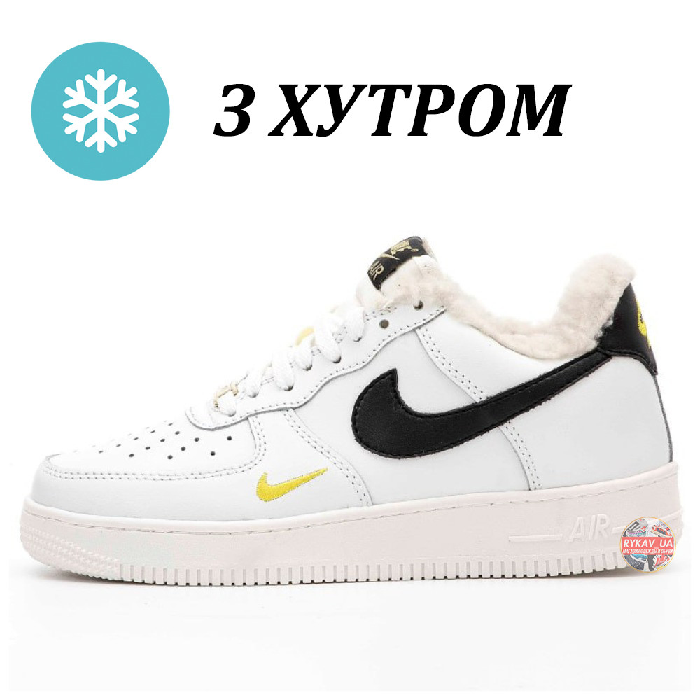 Чоловічі / жіночі зимові кросівки Nike Air Force 1 Winter White Black Gold Mini Swoosh Fur (Хутро), білі найк аір форс 1 аїр, фото 1