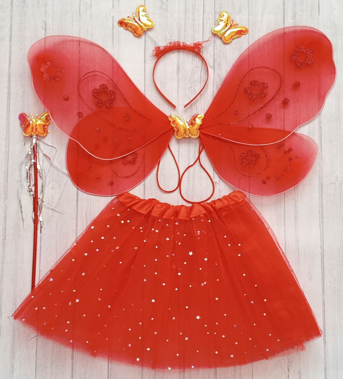 Карнавальний костюм метелика червона спідниця крила й аксесуари, фото 1