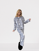 Піжама кофта та штани велсофт стильна розмір S/M, жіночий костюм піжама з махри велсофт з принтом кішок Сірий