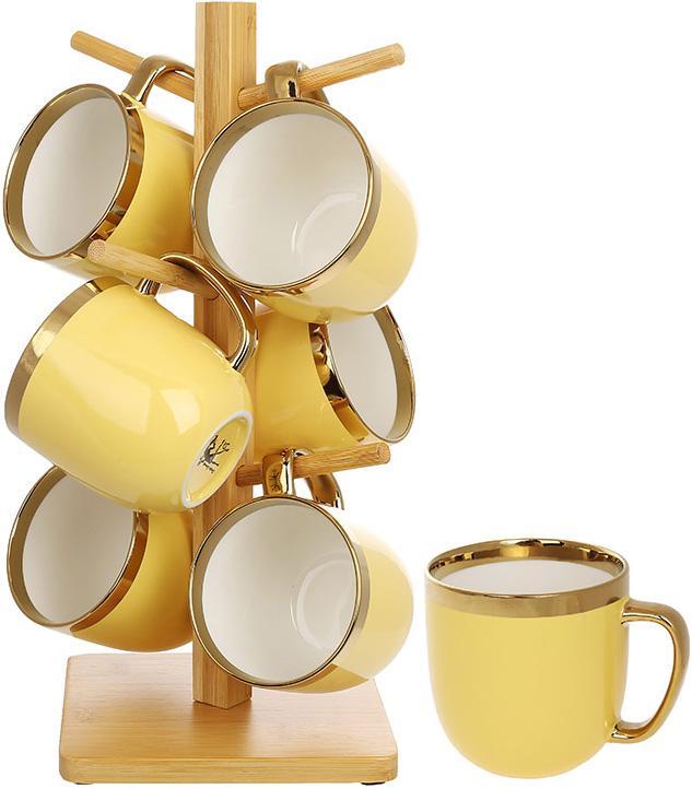 Чайний набір "Золота Лінія" 6 кружок 320 мл на бамбуковій стійці, жовтий, фото 1