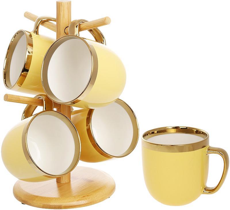 Чайний набір "Золота Лінія" 4 кухлі 320 мл на бамбуковій стійці, жовтий, фото 1
