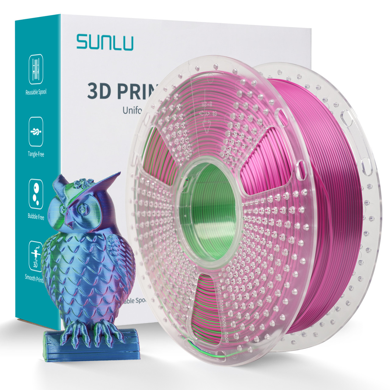 Пластик філамент для 3Д-друку SUNLU Silk PLA+ TriColor Blue Green Purple (02440924Z), RS, 1.75, 1кг, 205-230°C, Синій Зелен Фіолет
