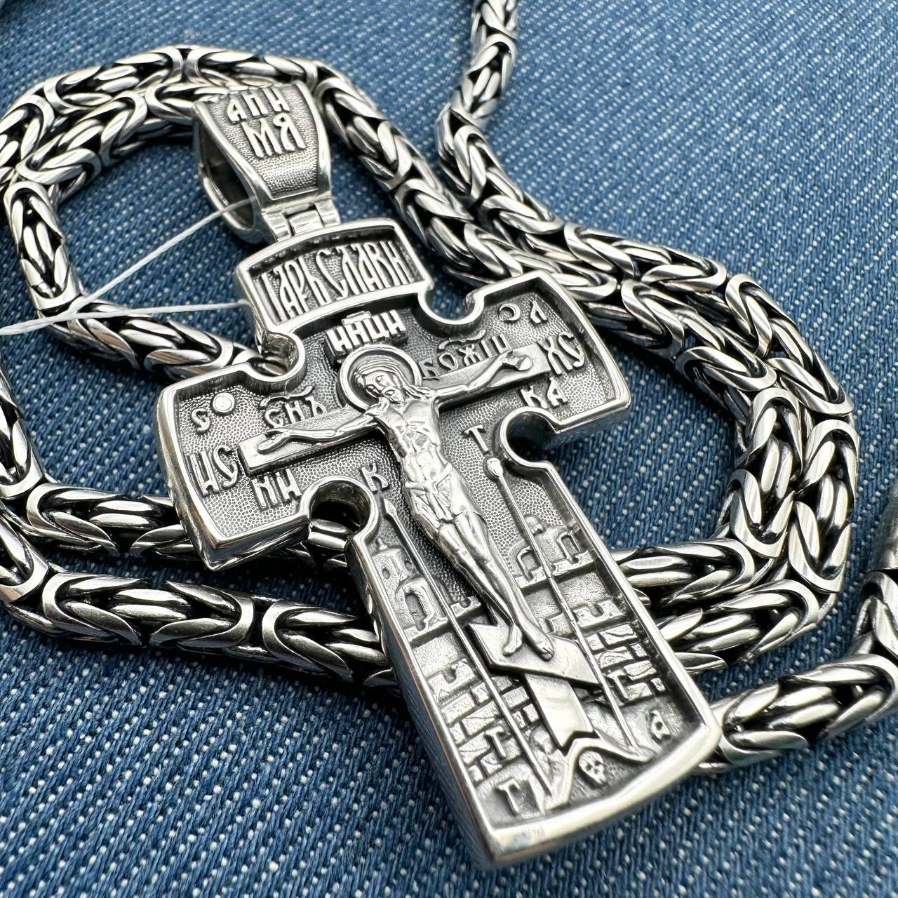 Серебряный массивный комплект двусторонний крест и цепочка лисий хвост 925 пробы от компании Sriblo Ukraine