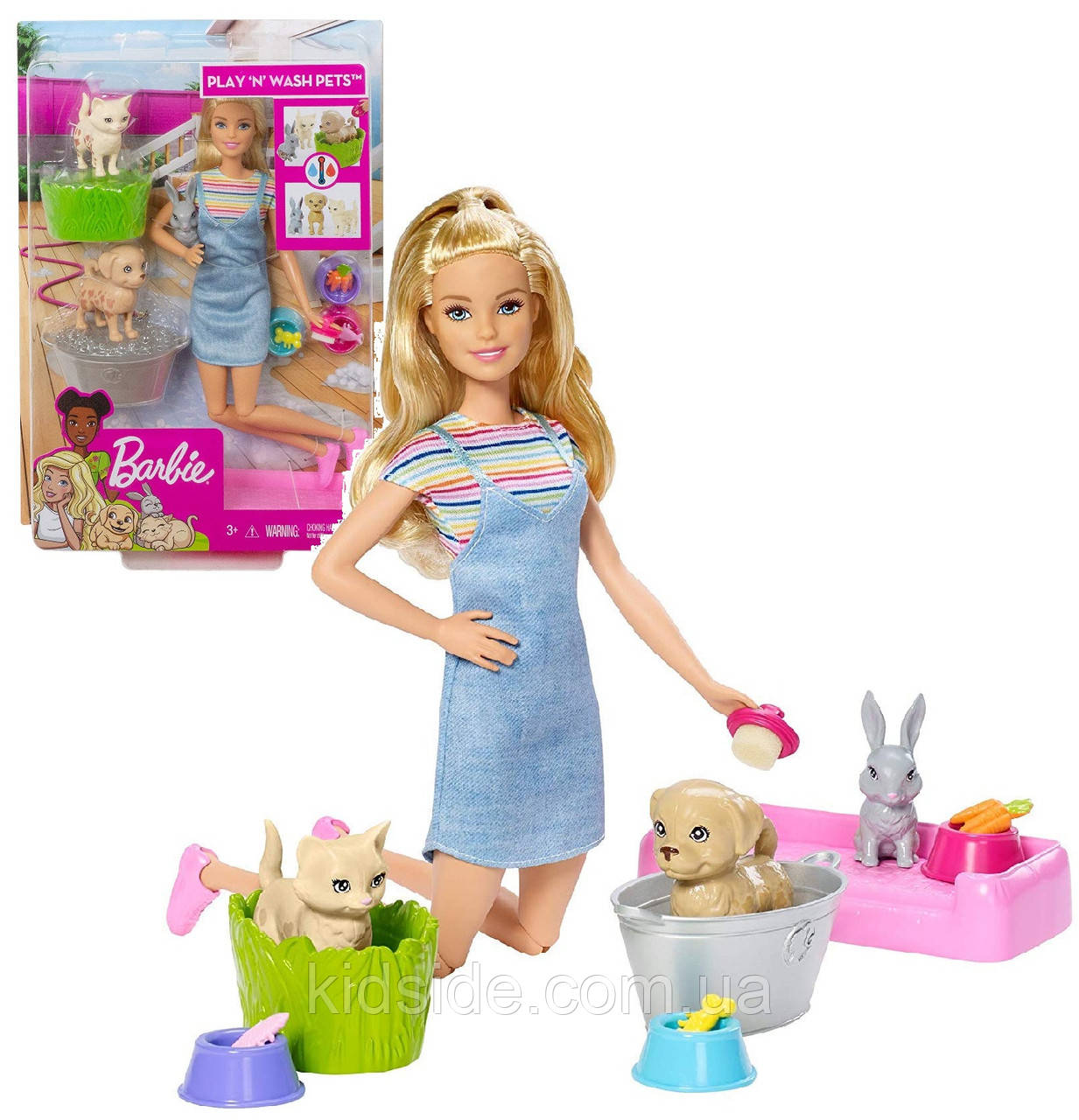 Barbie Wash Pets FXH11 Лялька Барбі Купай і грай з цуценям, кошеням і кроликом