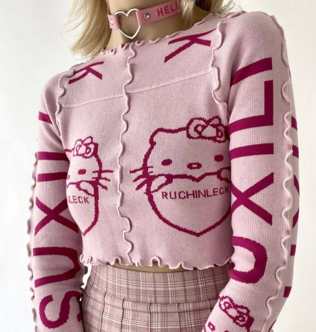 Жіночий милий кроп топ з довгим рукавом hello kitty. Жіночий лонгслів кофта розова, фото 1