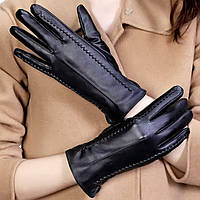 Жіночі шкіряні чорні рукавички. Натуральна якісна м'яка шкіра
