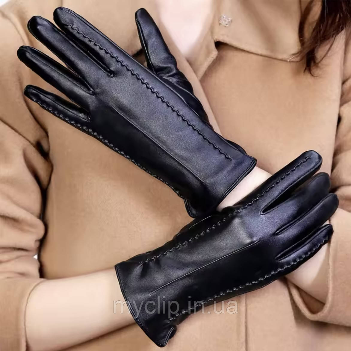 Жіночі шкіряні чорні рукавички. Натуральна якісна м'яка шкіра, фото 1