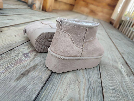 Уги короткі черевички теплі БІЖОВІ KHAKI на високій підошві екозамша жіночі зима, фото 5