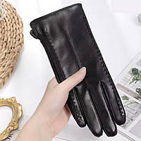 Жіночі чорні рукавички із натуральної шкіри. Турецька якісна м'яка шкіра. Вовняна підкладка