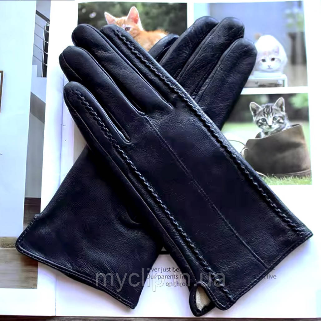 Чорні жіночі рукавички із натуральної шкіри. Перчатки із якісної м'якої шкіри. Натуральна вовняна підкладка, фото 1