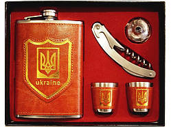 😎Чоловічий подарунковий набір "Україна": фляга 270 мл, 4 стопки, лійка, ніж/штопор в коробці NF1-19 Червоний