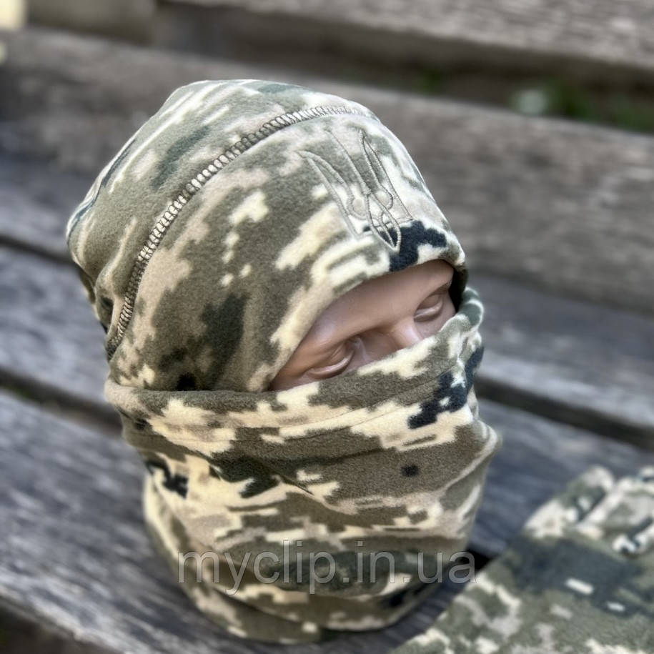 Набір тактична шапка тризуб і баф Піксель. Флісова військова шапка і баф Paskat українського виробника, фото 1