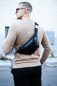 Чоловіча сумка-бананка на пояс з натуральної гладкої шкіри SKILL (чорна)