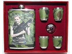 😎Чоловічий подарунковий набір в коробці NF4-136: фляга 240 мл, 4 стопки, лійка, колір Хакі