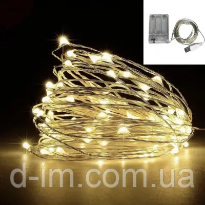Гірлянда Роса 5м, дріт на батарейках USB: 50 LED, Теплий білий