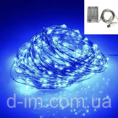 Гірлянда Роса 20м, дріт на батарейках USB: 200 LED, Синій