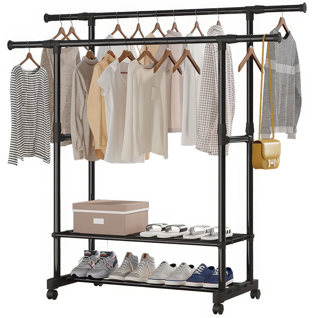 Стійка телескопічна для одягу та полиця для взуття 155х76х42 см Garment Rack Вішалка для одягу на коліщатках, фото 1